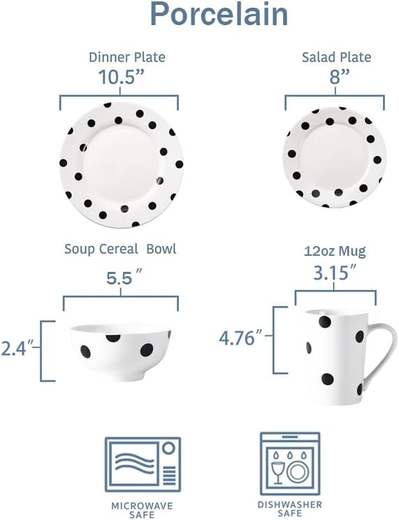 Modern Porcelain 16-Piece Dinnerware Set Plates and Bowls Set for 4 Black Polka Dot DinnerwareDishwasher &amp Microwave Safe Ceramic Dish Set for Home Dining Gifts