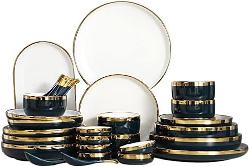 Ceramics Dinnerware Sets with Golden Rim Blue Porcelain Bowls and Plates Sets Round 26 Pieces Stoneware Dishes Set for 6 Ceramic Dinner Sets for Parties Wedding Housew