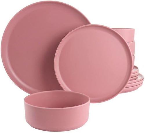 12-Piece Round Melamine Dinnerware Set – Lightweight Shatter-Resistant Plates &amp Bowls for 4 Stackable &amp Dishwasher Safe Tableware – Indoor &amp Outdoor Use (Pink)