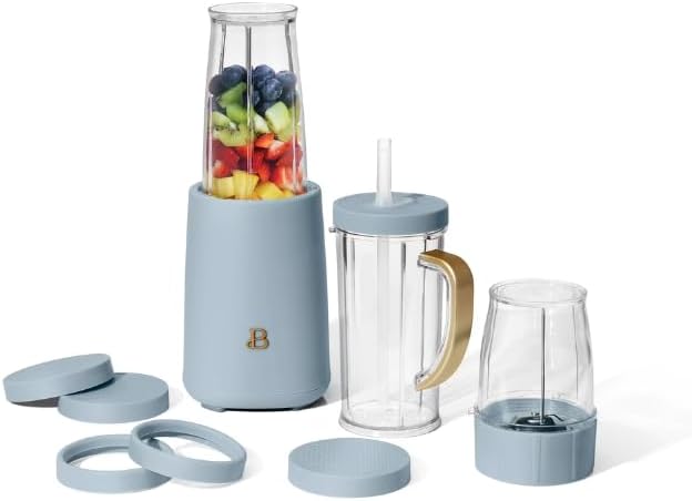 Personal Blender 12-Piece Set 240W Motor Emulsifying Stainless Steel Blade System 16oz Travel Cup with Straw BPA-Free Dishwasher Safe Jars (Cornflower Blue)