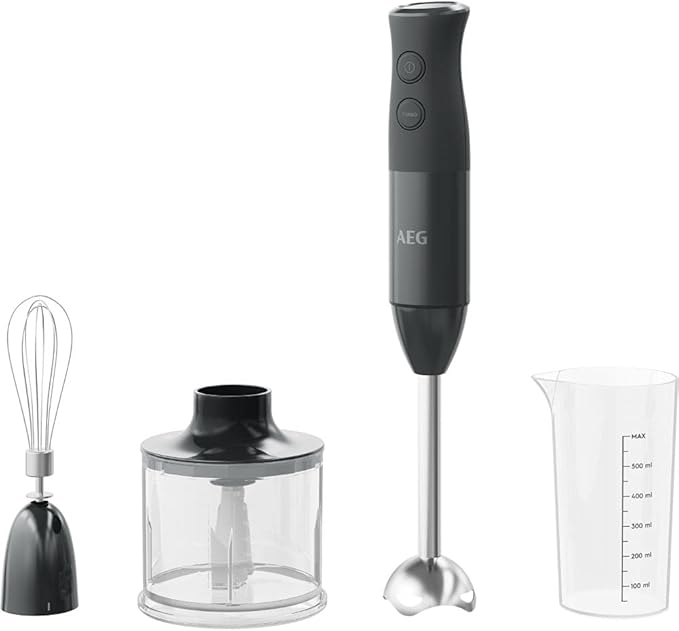 AEG HB4-1-6GG hand blender including 2 stainless steel blades comprehensive accessories BPA-free 2 speed settings turbo function dishwasher safe brushed stainless steel / grey