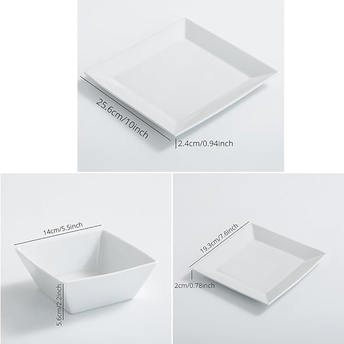 DOMINI 12-Piece Ceramic Kitchen Dinnerware Set Service for 4 Porcelain Dishes Dinner Set Square Dinnerware Sets with Dinner Plates Dessert Plates and Pasta BowlsSquare-White