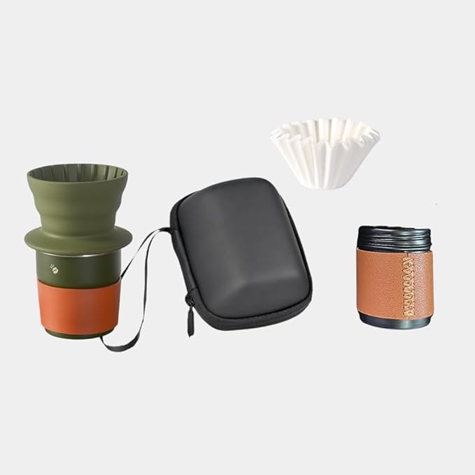 Portable Pour Over Coffee Maker Set with Carrying Case Collapsible Silicone Dripper 304 Stainless Steel Filter Cup V60 Compatible Black Outdoor Camping Travel Kit (Green with Cupcake Filter)