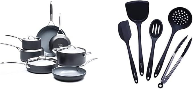 GreenPan Paris Pro Hard Anodized Healthy Ceramic Nonstick 11 Piece Cookware Pots and Pans Set with Stainless Steel Lids PFAS-Free Dishwasher Safe Grey &amp Cooking Tools 5 Piece Utensil Set Blac