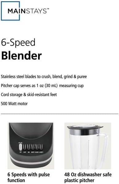 6 Speed Blender with 48 Ounce Jar 500 Watt Black Blade Material: 4 point 301 Stainless Steel