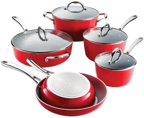 For 10 Piece Cold Forged Ceramic Cookware Set - Red