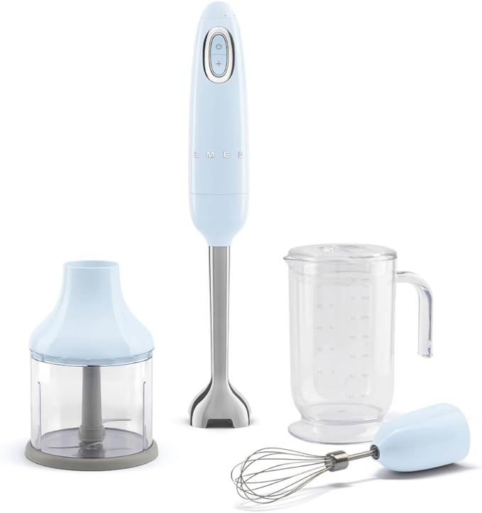 SMEG Handheld Immersion Blender with Beaker Chopping Bowl w/Lid Wire Whisk 5 Speed Controls made with Stainless Steel Blades and Ergonomic Design (Pastel Blue)