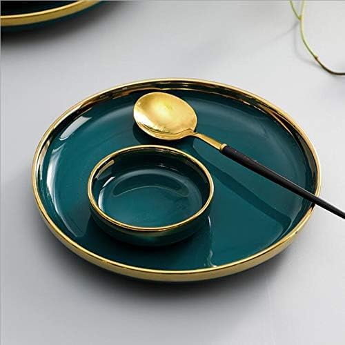 Ceramic Tableware Gilt Rim Green Ceramic Plate Steak Food Plate Tableware Bowl Ins Dinner Dish Porcelain Dinnerware Set for Family Hotel8 Inch Bowl 1pcs