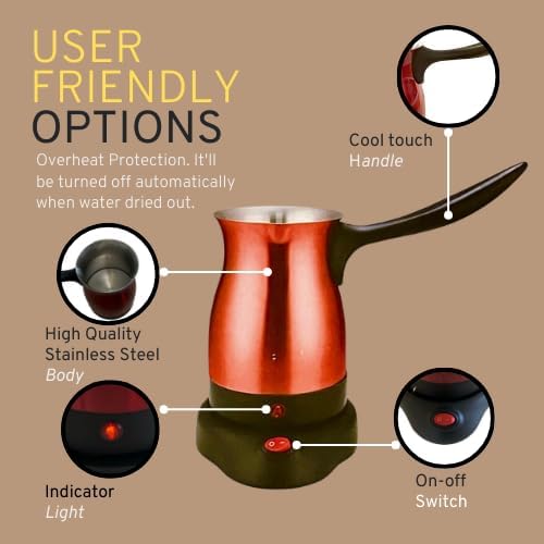 Electric Turkish Coffee Maker Pot Stainless Steel for Arabic Greek &amp Turkish Coffee Cool Touch Handle 360 Degree Cordless Rotation Base Fast Keep Boiling Water 800W (Red)