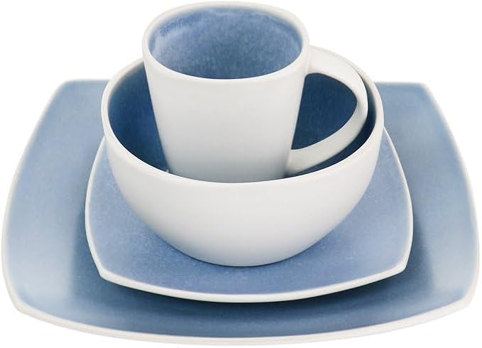 Modern Matte Glaze Square Dinnerware Set - 16 Piece Stoneware Service for 4 Dishwasher &amp Microwave Safe Teal Finish (Light Blue)