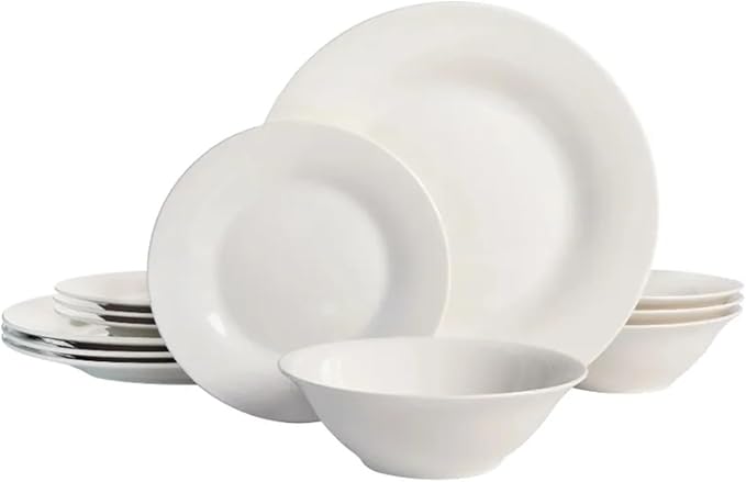 Round 12-Piece Dinnerware Set Family Hotel Tableware Ceramic Plates and Bowls