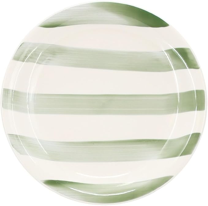 12 Piece Stoneware Dinnerware Set Rustic Handpainted Stripe Plates and Bowls Service for 4 Microwave and Dishwasher Safe (Green Stripe)