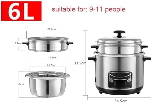 Rice Cooker and Steamer with Keep Warm Function 304 Stainless Steel Liner Includes Spatula and Measuring Cup for 1-11 People(6L)