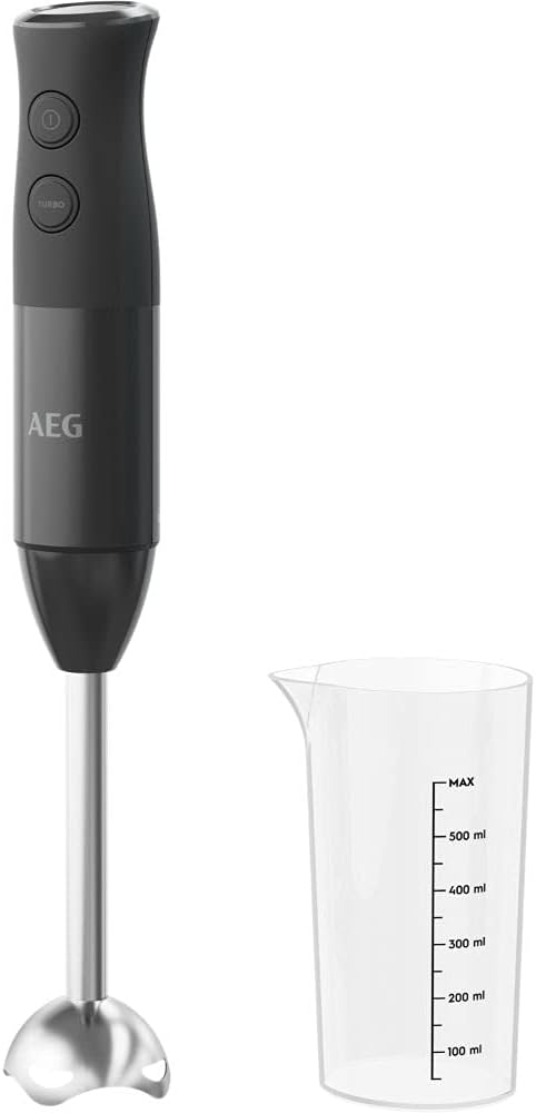 AEG HB4-1-6GG hand blender including 2 stainless steel blades comprehensive accessories BPA-free 2 speed settings turbo function dishwasher safe brushed stainless steel / grey