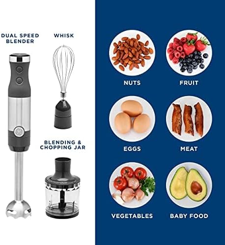 GE Immersion Blender | Handheld Blender for Shakes Smoothies Baby Food &amp More | Includes Whisk &amp Blending Jar | 2-Speed | Interchangeable Attachment for Easy Clean | 500 Watts | Stainless St