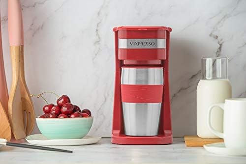 Mixpresso Red Personal Single Serve Coffee Maker with 14oz Travel Mug Drip Small Coffee Maker with Auto Shut Off Reusable Filter Works with Ground Coffee Only – Not for K-Cup Pods