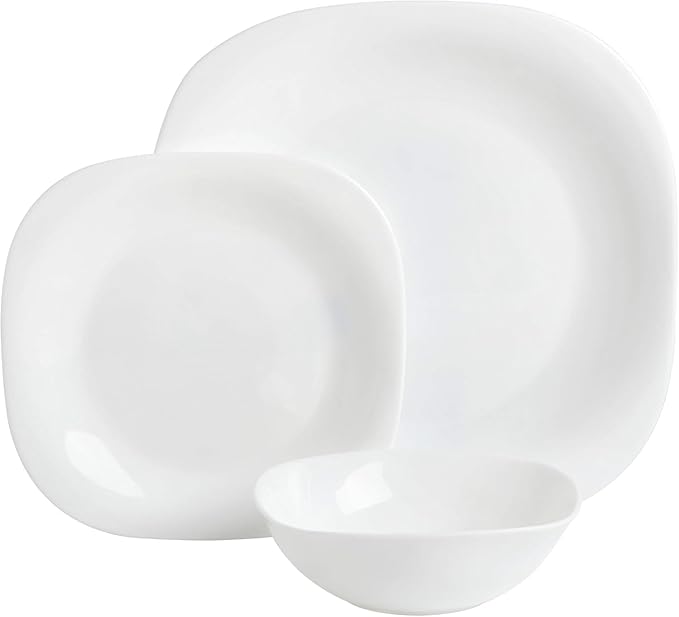 12 Piece White Tempered Opal Glass Dinnerware Set Service for 4 Chip Resistant Microwave &amp Dishwasher Safe