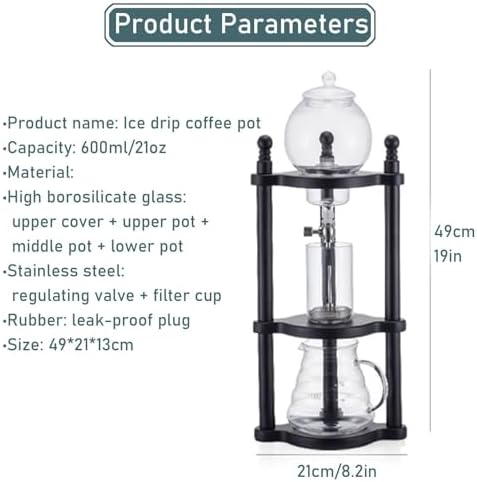 Cold Brew Drip Tower Iced Drip Coffee Maker Cold Brew Dripper Pot Cold-Drip Coffee Tower Ice Coffee Machine Wooden Glass 600ml(B)
