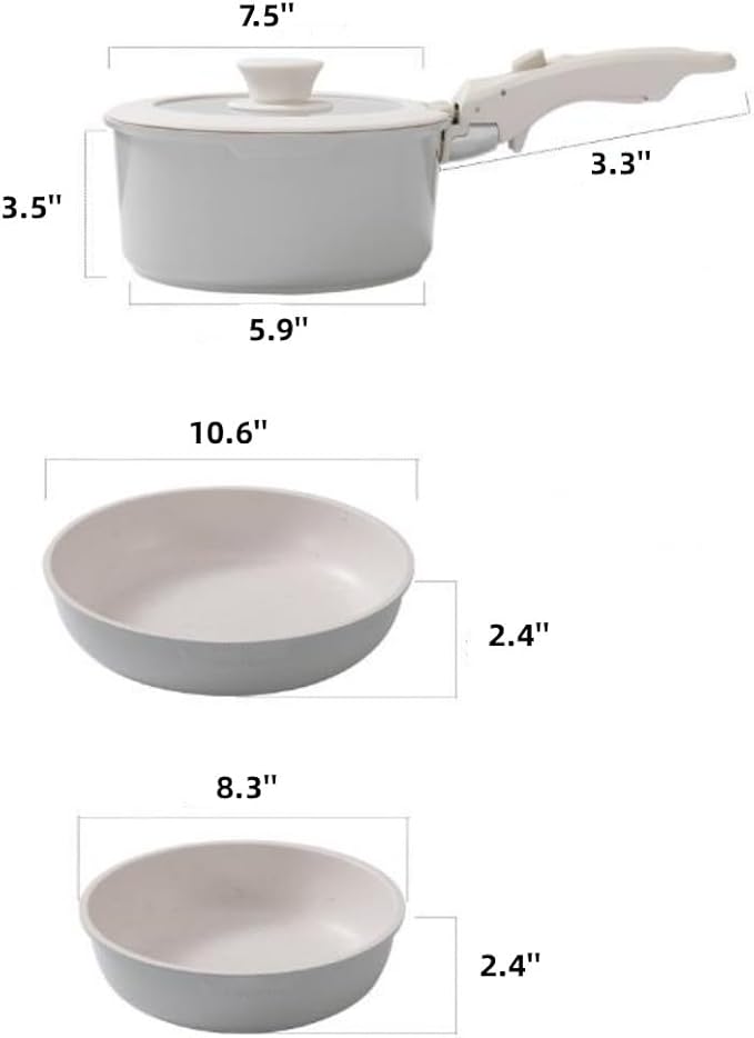 5pcs Pots and Pans SetNonstick Cookware Set Detachable Handle Outdoor Wheat Rice Stone Non Stick Pot Set Milk Pot with Lid Flat Bottom PotOven Safe (White)