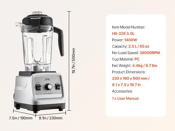 VEVOR Professional Blender for Smoothies 85 oz 1400Wwith Powerful Motor Multi-Functional Food Processing for Smoothie/Milkshake/Juice Fits for Kitchen