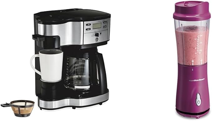 Hamilton Beach 2-Way 12 Cup Programmable Drip Coffee Maker &amp Single Serve Machine Glass Carafe &amp Portable Blender for Shakes and Smoothies with 14 Oz BPA Free Travel Cup and Lid