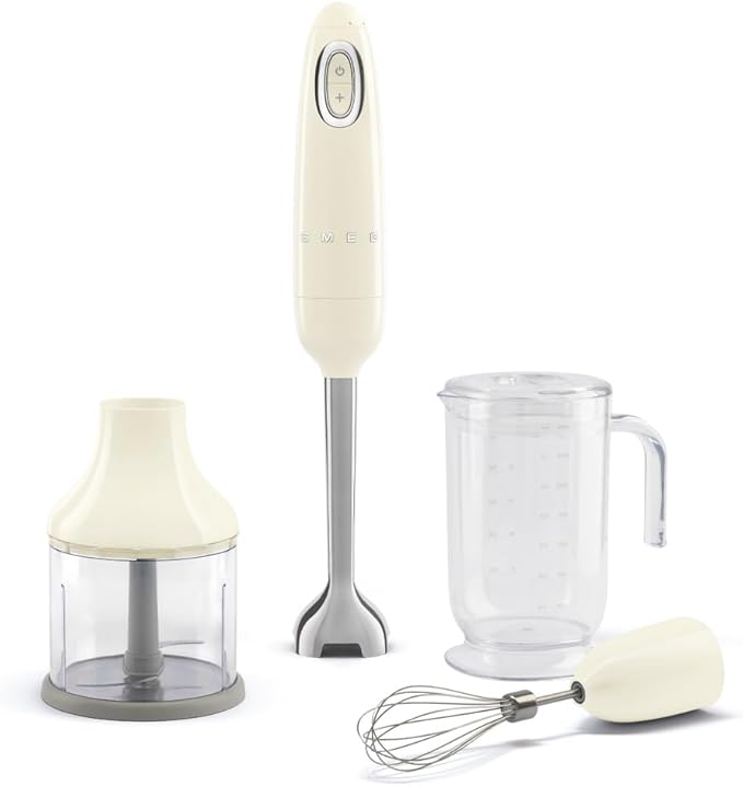 SMEG Handheld Immersion Blender with Beaker Chopping Bowl w/Lid Wire Whisk 5 Speed Controls made with Stainless Steel Blades and Ergonomic Design (Cream)