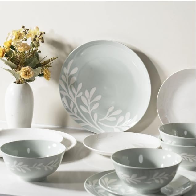 12-Piece Stoneware Dinnerware SetMicrowave &amp Dishwasher Safe Includes Dinner Plates Salad Plates Bowls and Mugs Service for 4