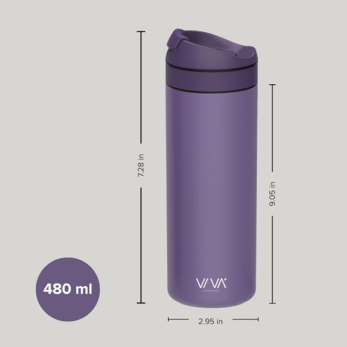 VIVA Recharge Purple Insulated Tea &amp Coffee Mug &amp Travel French Press Coffee Maker 16 oz Brew &amp Drink From the Same Mug On the Go or Camping