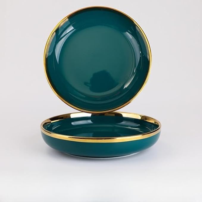 Ceramic Tableware Gilt Rim Green Ceramic Plate Steak Food Plate Tableware Bowl Ins Dinner Dish Porcelain Dinnerware Set for Family Hotel9 Inch Plate 1pcs
