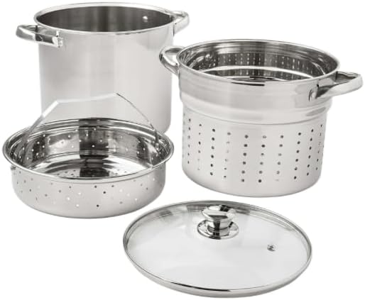 4-Piece Stainless Steel Cookware Set with Stock Pot Strainer Steamer &amp Glass Lid Anti-Scald Handle for Parties &amp BBQ
