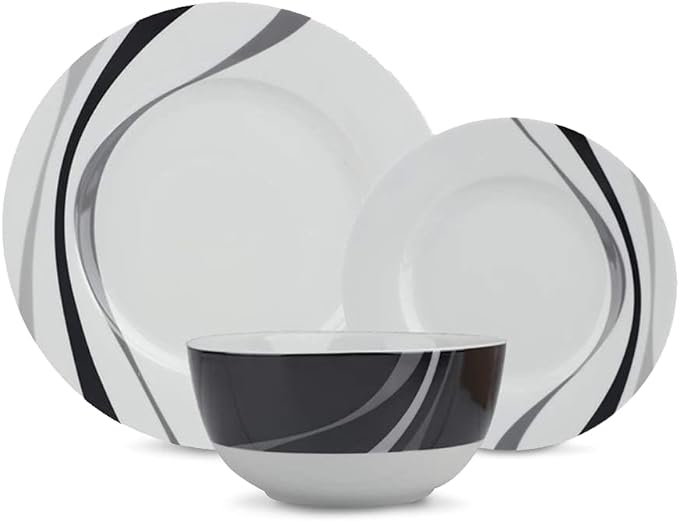 Amazon Basics 18-Piece Complete Kitchen Dinnerware Set Microwave and Dishwasher Safe Plates Dishes Bowls Swirl Heat Resistant Service for 6 Everyday Use