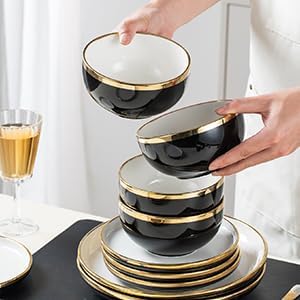 Stoneware Tableware Set for 4 Ceramic Dinnerware Sets with Gold Trim Including 10.5 Dinner Plates 7.75 Dessert Plates 6 Dinner Plates and 14oz Coffee Cups Porcelain (Black Glod)