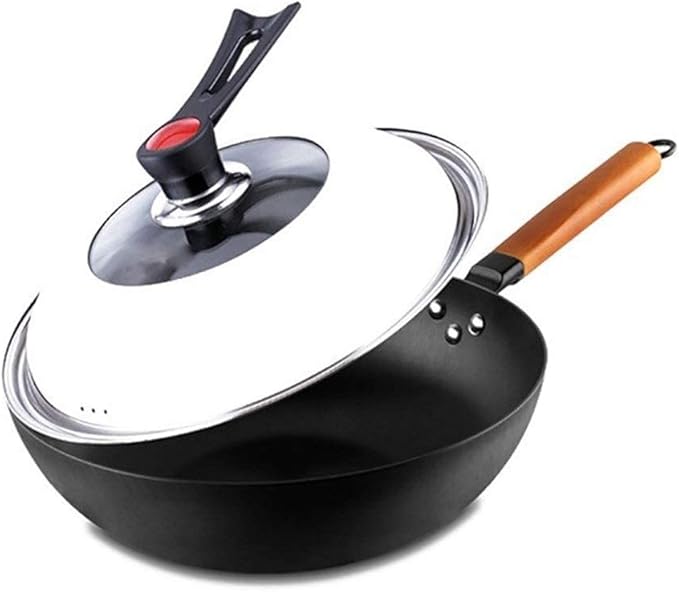 Cooking Pot Deep Saute PanWok32CM Diameter Fine Iron WokThick Uncoated Potwith Stand Glass CoverPhysical Non-StickGas Induction Cooker Frying Pans