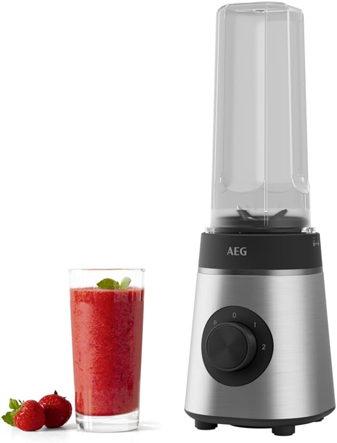 AEG MiniMixer SB4-1-4ST Blender / 350 W Motor / 23000 rpm / 2 Dishwasher and Shatterproof 600 ml Drinking Bottles / 4-Blade Knife/Control/BPA Free/Pulse Button/Brushed Stainless Steel
