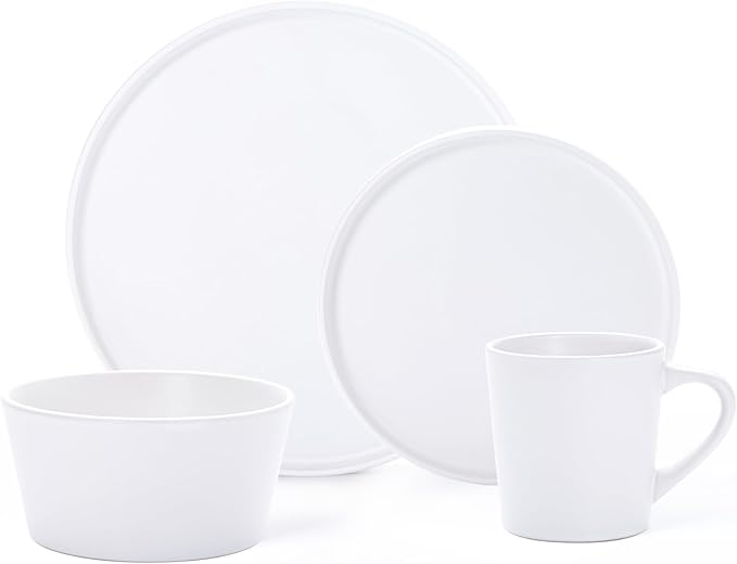 Plates and Bowls Sets for 4 - CJDC-QUELO 16 Piece Stoneware Dinnerware Sets with Mugs Ceramic Dishware Sets for Kitchen Dining Use Chip and Scratch Resistant Microwave Dishwasher Safe White