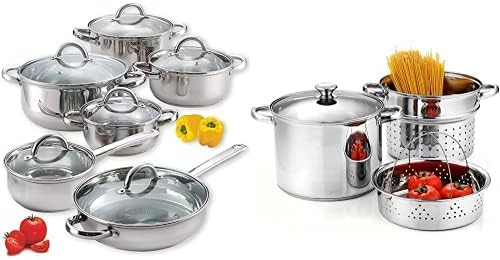 Cook N Home 4-Piece 8 Quart Multipots Stainless Steel Pasta Cooker Steamer and Cook N Home Kitchen Cookware Sets 12-Piece Basic Stainless Steel Pots and Pans Silver