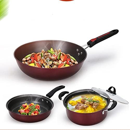 3 pcs Kitchen Cookware Set Flat Bottom Frying Pan Saucepan and Soup Pot Kit Multifunction Utensil Sets with Lids