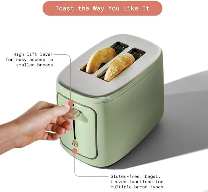 Beauti 2 Slices Toaster with Touch Activated Display 900 W Bagel/Frozen/Reheat Presets Wide Slots Easy Cleaning (Sage Green)