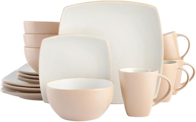 Square Stoneware 16 Piece Dinnerware Set Sand Dinner Plates and Dishes Table Ware Home Dining Plate
