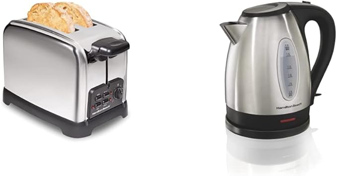 Hamilton Beach Retro Toaster with Wide Slots Sure-Toast Technology Bagel &amp Defrost Settings Auto Boost 2 Slice &amp Electric Tea Kettle Water Boiler &amp Heater 1.7 L Stainless Steel