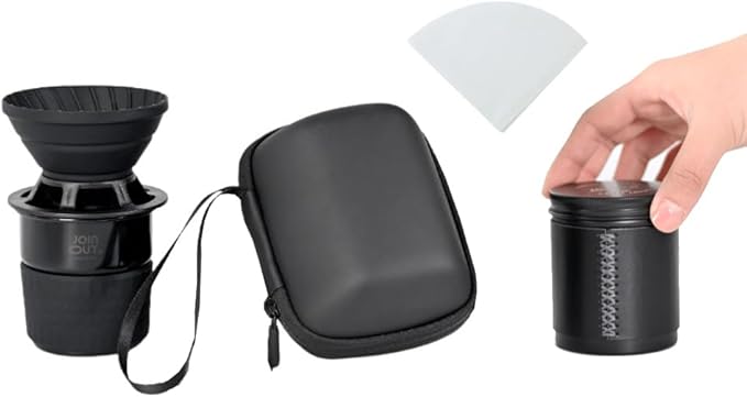 Portable Pour Over Coffee Maker Set with Carrying Case Collapsible Silicone Dripper 304 Stainless Steel Filter Cup V60 Compatible Black Outdoor Camping Travel Kit (Black with Cone Filter)