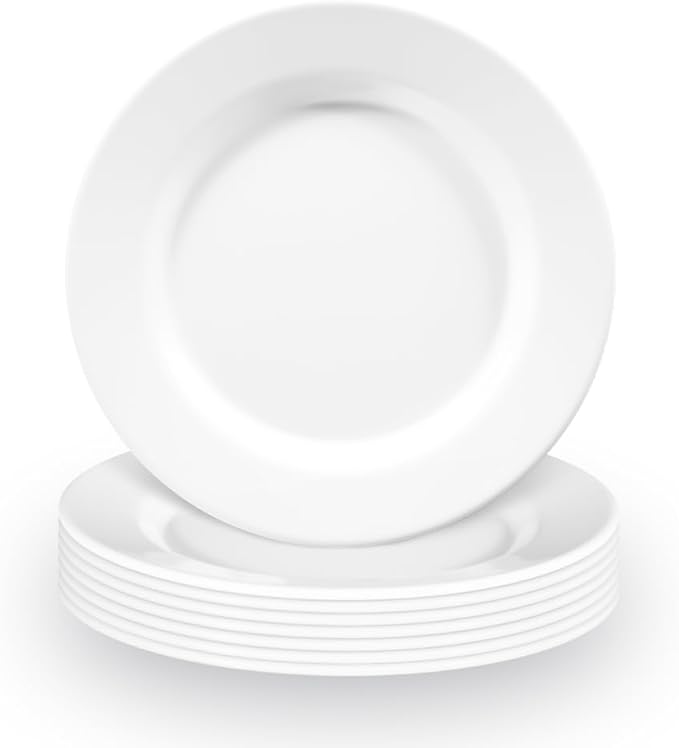 10IN White Anti-Shatter Dinner Plate Set Indoor/Outdoor Fruit/Dessert/Salad Plate Anti-Shatter Dinnerware Set Lead-Free Microwave Safe Dishwasher Safe - 8PCS(Shallow Dish)