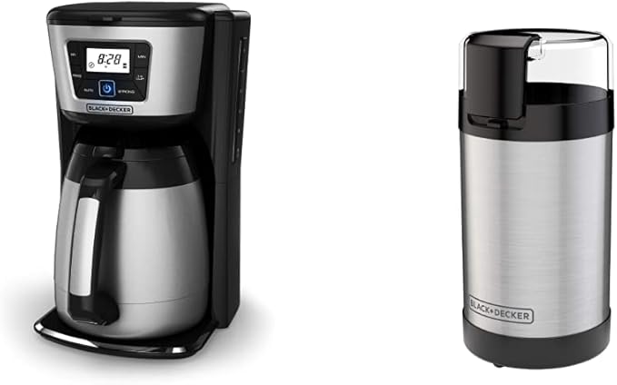 BLACK+DECKER 12-Cup Thermal Coffeemaker Black/Silver CM2035B &amp Coffee Grinder One Touch Push-Button Control 2/3 Cup Bean Capacity Stainless Steel