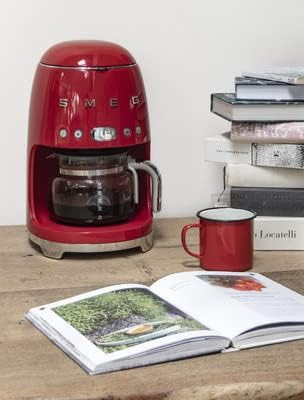 Smeg DCF02 Drip Coffee Maker Bundle with Extra Glass Carafe DCFC01 – 10-Cup Capacity Auto Start Keep Warm Function Retro 1950s Design – Red