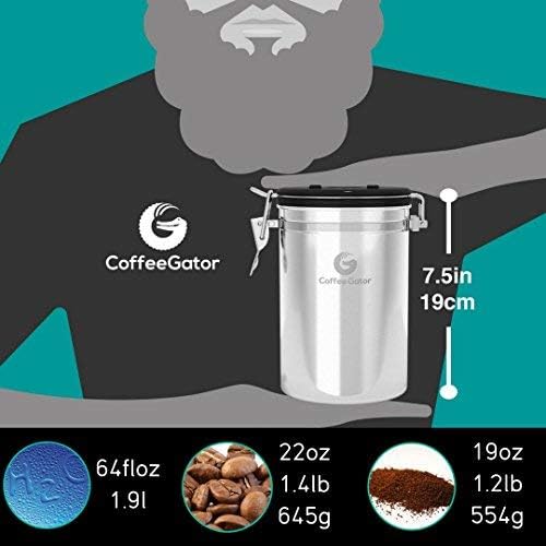 Coffee Gator French Press Coffee Maker 34oz Silver and Coffee Canister - 22oz Airtight Stainless Steel Kitchen Food