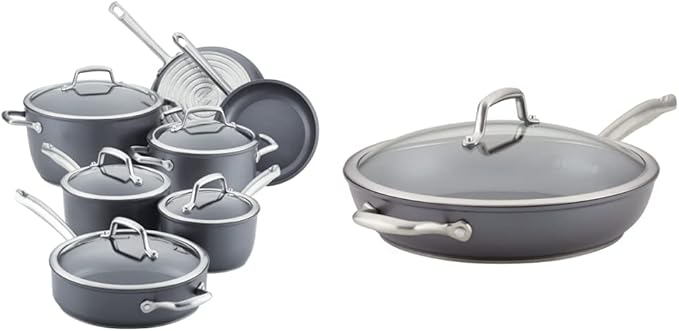 Anolon Accolade Forged Hard Anodized Cookware Pots and Pans Set 12 Piece - Moonstone Gray &amp Accolade Forged Hard Anodized Deep Frying Pan/Skillet with Helper Handle and Lid12 Inch - Moonstone Gr
