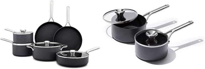 OXO Hard Anodized PFAS-Free 10 Piece Cookware Pots and Pans Set Induction Diamond reinforced Coating Oven Safe Black &amp Hard Anodized PFAS-Free 1.7QT and 2.3QT Saucepan Pot Set with Lids Bla
