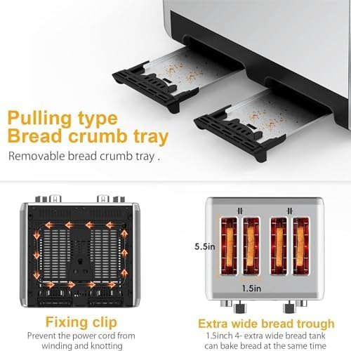 whall WHALL Toaster 4 Slice Stainless SteelToaster-6 Bread Shade SettingsBagel/Defrost/Cancel Function with Dual Control PanelsExtra Wide SlotsRemovable Crumb Tray1500WSilver(KST023GU)
