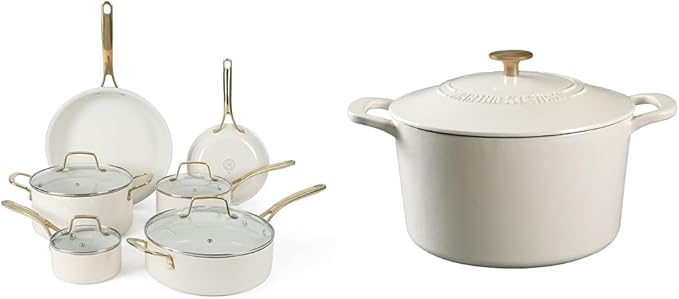 Martha Stewart Lockton Premium Nonstick PFA Free Ceramic Interior 10 Piece Heavy Gauge Enamel Aluminum Pots and Pans Cookware Set - Linen White w/Gold Handle &amp Gatwick 7 QT Enamel Cast Iron Dutch