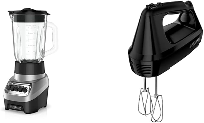 BLACK+DECKER PowerCrush Multi-Function Blender with 6-Cup Glass Jar 4 Speed Settings Silver &amp 6-Speed Hand Mixer with 5 Attachments &amp Storage Case MX3200B